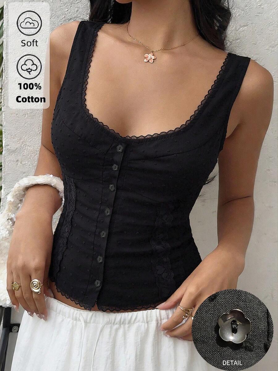 Sunnyshic Women's Fashion Casual 100% Cotton Lace Patchwork Camisole - Black - View 1