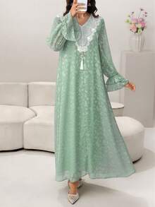SHEIN Najma V领花卉拼接镂空灯笼袖喇叭下摆女士阿拉伯连衣裙 - 綠色 - 查看 4