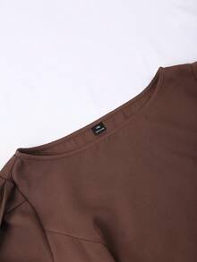 Franclia Classy Mocha Brown Plus Size Formal Dress With Boat Neck Long Puff Sleeves And Asymmetrical Hem Plain Woven Fabric - Mocha Brown - View 4