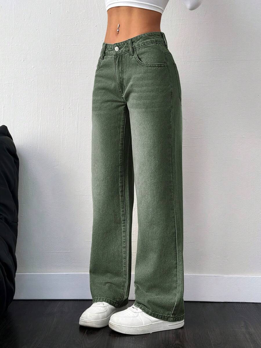 SHEIN PETITE 女士休闲日常水洗斜插口袋直筒牛仔裤 - 軍綠色 - 查看 1