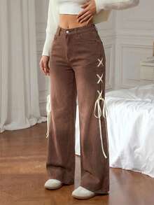 SHEIN Tall 女士高腰镂空系带口袋阔腿宽松时尚牛仔裤 - 咖啡棕 - 查看 5