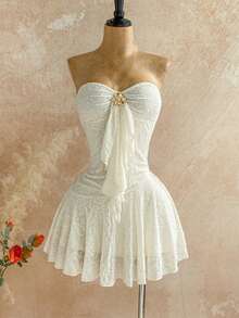 Soleia 女士度假风无肩带金属装饰迷你连衣裙，佩斯利花纹针织面料，适合节日派对、圣诞节、约会之夜、夜店、波西米亚风、度假、秋季女装，复古风 - 米色 - 查看 3