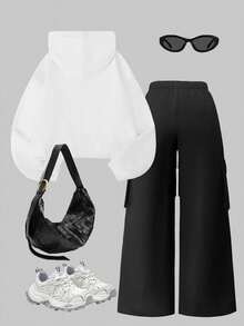 SHEIN ChillGRL Streecool Teen Girl Casual Leopard Print Letter Hoodie Sweatshirt & Loose Straight Leg Pants 2 Pieces Set, Fashionable Daily Wear For Teens - Black and White - View 2