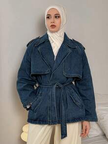 DAZY 秋冬新款宽松休闲做旧牛仔外套，女士风衣 - 藍色 - 查看 3