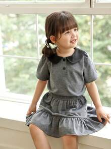 Genkimix Kids 2pcs/Set Toddler Girl Baby Collared Puff Sleeve T-Shirt And Layered Skirt, School Grey Top And Skirt Outfit