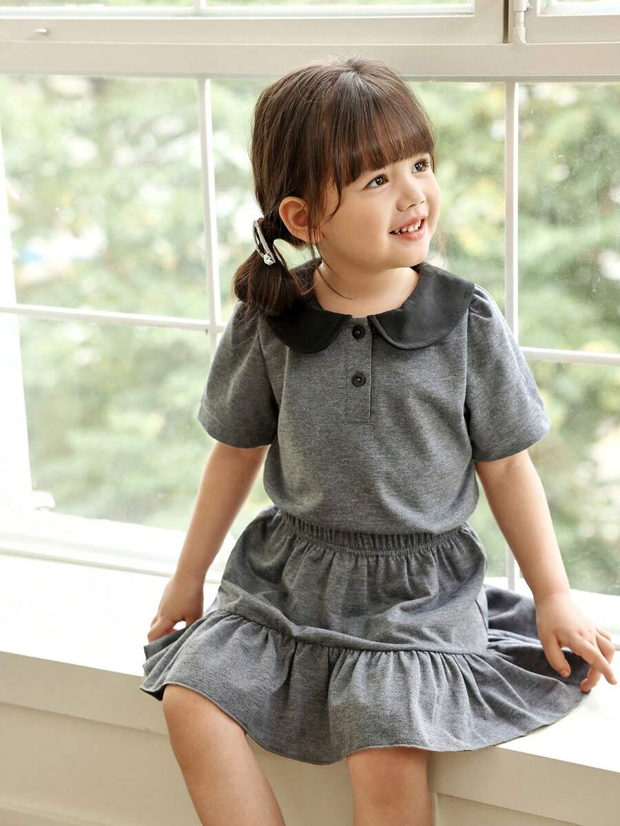 Genkimix Kids 2pcs/Set Toddler Girl Baby Collared Puff Sleeve T-Shirt And Layered Skirt, School Grey Top And Skirt Outfit