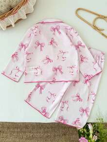 LMoss Kids LMoss 2pcs Baby Girl Sweet Minimalist Bow Decor Lapel Button Long Sleeve Pajama Set, Soft & Skin-Friendly Knit - Pink - View 2