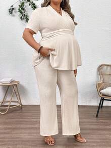 SHEIN Plus Size Maternity Solid V-Neck Overlap Short Sleeve Top And Adjustable Waist Wide Leg Pants Casual Outfit - Apricot - View 3