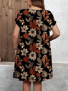 SHEIN LUNE Casual Vintage Maple Leaf & Floral Pattern Loose Short Sleeve Plus Size Dress, Suitable For Summer Spring - Multicolor - View 2