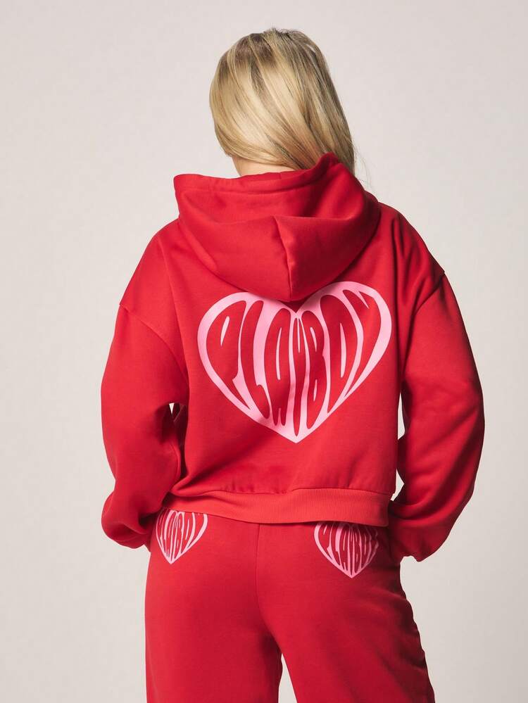 Missguided x Playboy Cropped Zip Up Hoodie With Heart Print And Drawstring For Casual Comfort Valentine's Day Fashion