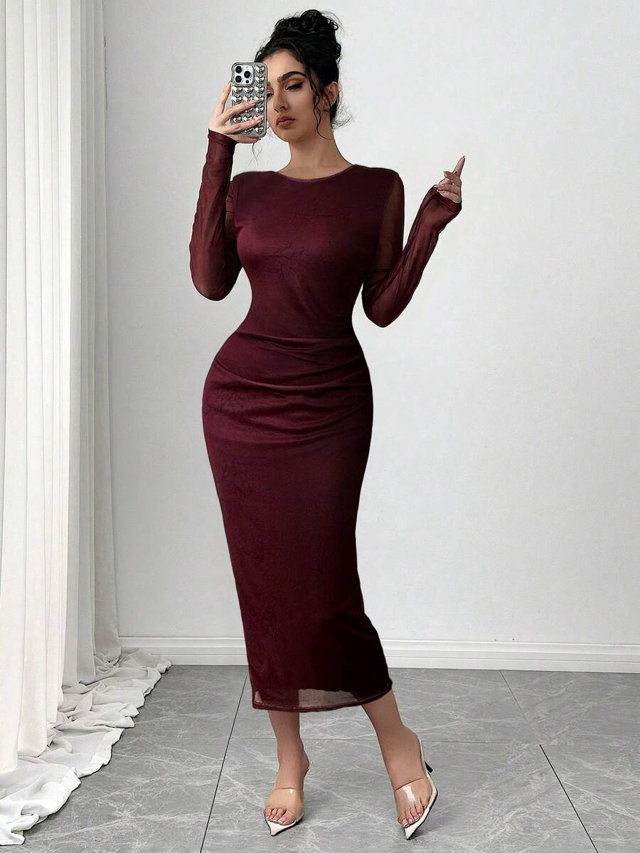 Firerie 节日新款情人节女士扎染印花粉色长袖修身优雅长裙 - 酒紅色 - 查看 1