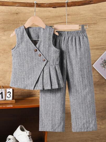 Girls' Elegant 2 Pieces Set: Button V-Neck Sleeveless Top And Elastic Waist Pants, Suitable For Daily Wear, Outdoor Play, Travel, School, Spring/Summer Vacation, And Summer Leisure Kids Formal Wear Girls Spring And Autumn Suit Little Girls Business Suit Kids Suit Gentlemanly Style Outfit
