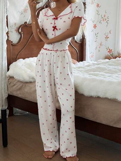 CottageSlumber 女士针织提花短袖上衣和裤子睡衣套装