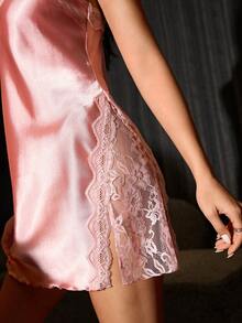 SHEIN Lace Trim Side Slit Faux Silk Sexy Nightgown - Watermelon Pink - View 7