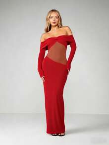 MISSGUIDED 露肩一字领长款连衣裙，网纱拼接镂空设计，长袖修身晚礼服，及地长裙 - 酒紅色 - 查看 4