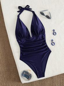 Swim Lushoire 1pc Deep V-Neck Halter Elegant One-Piece Swimsuit For Women - Navy Blue - View 7