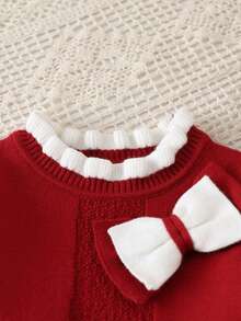 SHEIN Playful Pals 女婴时尚法式针织长袖毛衣连衣裙，秋冬季 - 紅色 - 查看 7