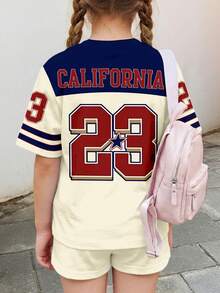 2件套复古美式学院风运动数字23印花少女休闲短裤短袖上衣套装，适合夏季、返校季、2000年代风格、Y2K风格、韩版风格、秋季/秋季服装、返校节、嬉皮风、音乐节、复古甜美美式高中风、都市街头风、休闲校园运动风、户外野餐、郊游、街头时尚、居家、校园、休闲穿着。 - 彩色 - 查看 2