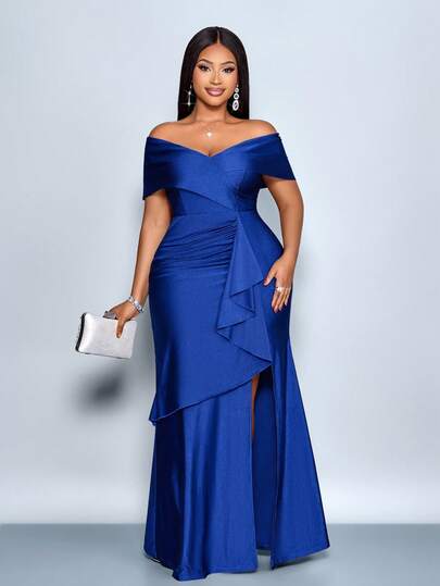 SOLERSUN Vestido elegante de color azul marino con hombros abiertos, dobladillo con volantes y sexy para mujeres de talla grande, adecuado para fiestas de Navidad, vacaciones, citas y San Valentín, atuendos de club sexy, vestido largo, vestido elegante para mujer, vestido de fiesta, vestido formal, vestido blanco, vestido de noche de lujo para mujer, vestido de invitada de boda, 2026, Año Nuevo