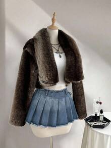 Elamini Minifalda de mezclilla con pliegues y deshilachados de moda para mujer - Neblina azul - Ver 4