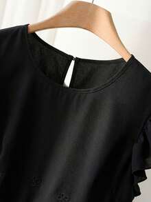 CosyJoli Plus Size Women Comfortable Flared Sleeve Embroidered Hem Blouse, White Casual Shirt For Commuting, Dating, Vacation, Spring/Summer, Summer Tops - Black - View 5