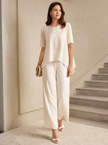 Miaspire Elegant Beige Asymmetrical Two-Piece Set For Women Summer Spring Formal Outfit With Short Sleeve Blouse And Wide Leg Pants, Perfect For Wedding Guest Party Formal Events Going Out - Apricot - View 5