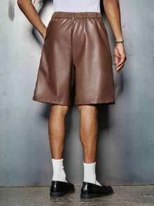 PAVTROS 男士棕色PU皮革直筒休闲短裤，时尚百搭 - 棕色 - 查看 2