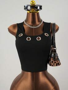 SaltGleam SaltGleam Women's Fashion Personalized Minimalist Sleeveless Hollow-Out Top - Black - View 1