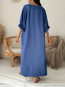 Vivie Lora Women's Casual Loose Denim Effect Mid-Length Dress Sundress - Blue - View 3