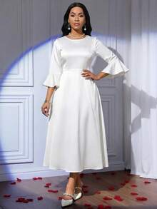 SHEIN Lady Đầm midi tay chuông thanh lịch dành cho nữ dự tiệc - Pearl White - Xem 6