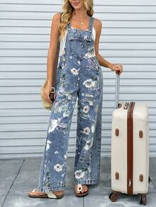 SHEIN Holidaya Women's Sleeveless Square Neck Floral Print Denim Jumpsuit - Blue - View 4