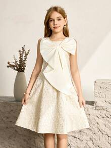 Vestido sin mangas con cuello redondo para niñas con decoración de lazo oversize, tela jacquard, elegante y para fiesta - Albaricoque - Ver 4