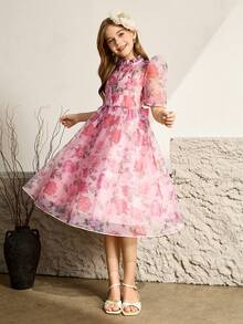 少女优雅派对碎花网纱连衣裙 - 粉色 - 查看 5