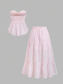 Sweetra Bộ đồ du lịch 2 món dành cho nữ: Áo quây chấm bi hồng và chân váy maxi chữ A nhiều lớp. - Hồng - Xem 2