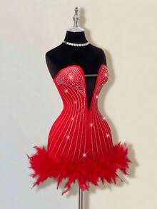 SHEIN ICON 女士水钻装饰深V领无袖迷你连衣裙，毛绒下摆，派对装 - 紅色 - 查看 8