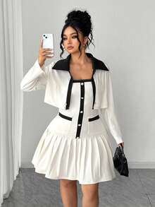 Elenzga 两件套优雅法式撞色套装：翻领双排扣短款外套 + 吊带褶皱连衣裙，复古黑色滚边装饰，通勤约会装，宽松版型，多种尺码可选 - 杏色 - 查看 5