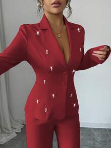 Elenzga بدلة نسائية أنيقة مع طوق واسع، أكمام طويلة، زخرفة باللؤلؤ، ملابس علوية ذو حافة مستقيمة وبنطال ذو ساق مستقيمة