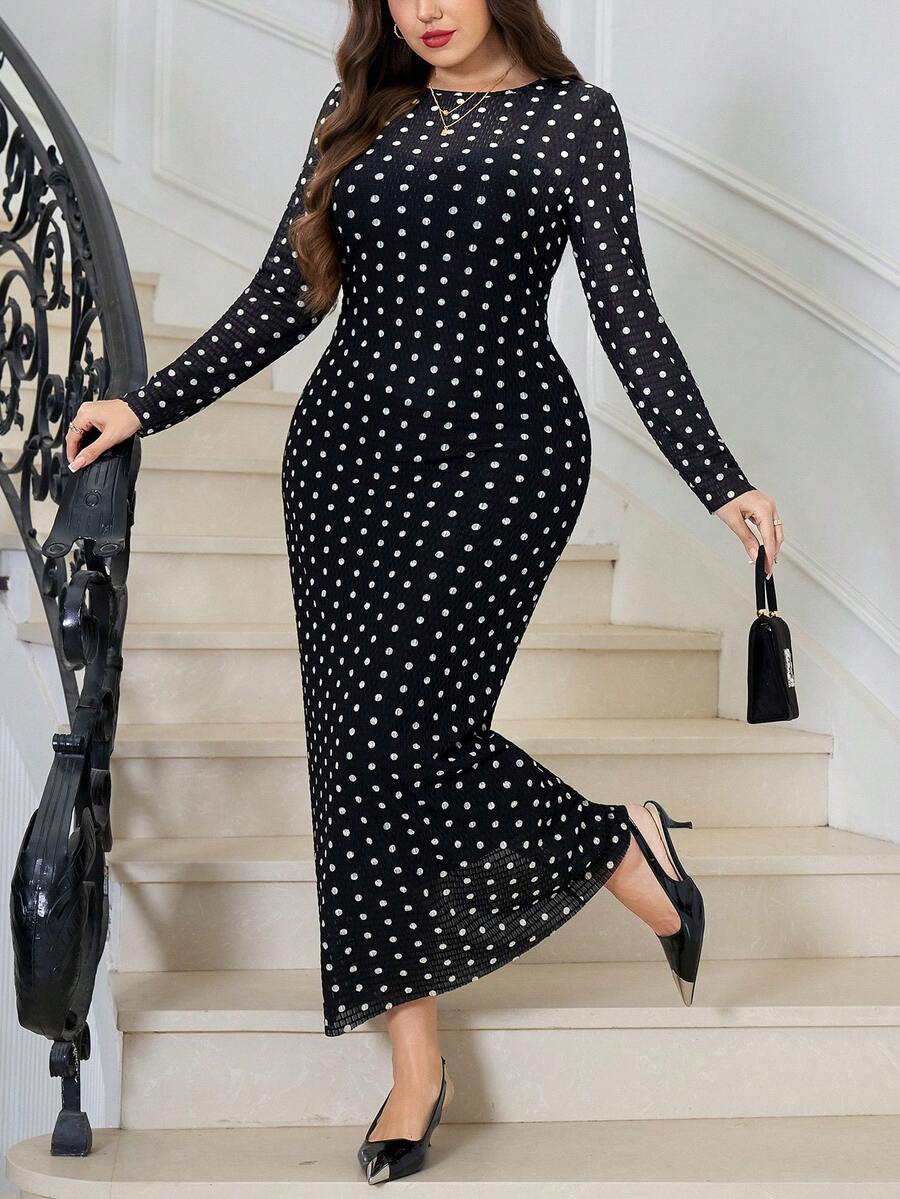 SHEIN Clasi 大码女士复古优雅波点印花长袖修身连衣裙，春秋季 - 黑與白 - 查看 1