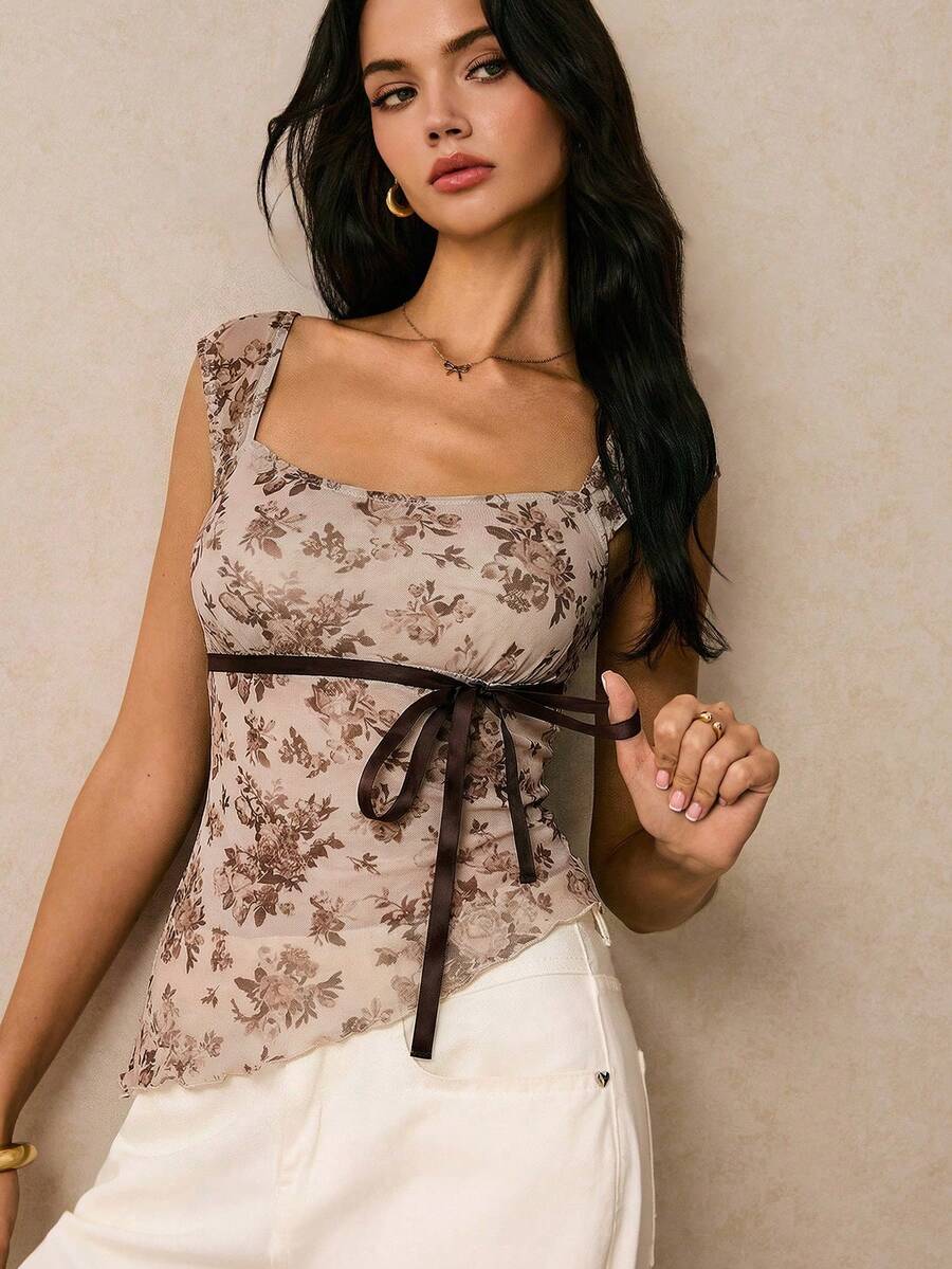 Women's Asymmetrical Hem Printed T-Shirt, Casual Summer Vacation - Khaki - View 1