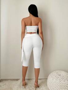 SHEIN SXY 女士纯色修身低腰休闲打底裤 - 白色 - 查看 2