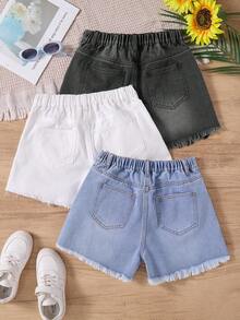 SHEIN Teen Girl 3 Pieces Solid Light Washed Ripped Raw Hem Baggy Denim Jeans Shorts,White,Summer,Streetwear,Graduation,Back-To-School,Boho Beach Holiday - Multicolor - View 2