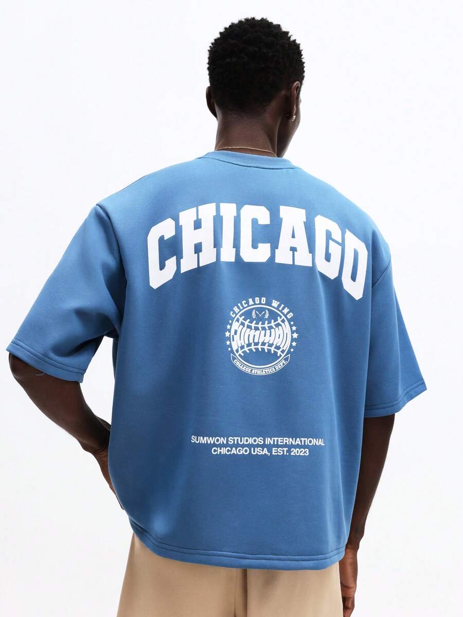 SUMWON 芝加哥之翼标志超大短袖T恤 街头风 复古灵感 都市时尚 个性休闲 - 藍色 - 查看 1
