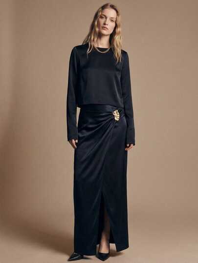 Maija 2pcs/Set Women Loose Satin Round Neck Long Sleeve Top And Midi Skirt, Autumn/Winter 2026, Women's Summer Set, Summer Outfit For Women, Christmas Outfit Women, New Year Clothes , New Year Outfit, Women's New Year's Eve Set, Elegant Party Dresses , Elegant Party Dress , Beach Outfit For Women, Beach Outfits For Women , Elegant Women's Set, Black Formal Set For Women, Black Satin Suit, Metal Design 2 Piece Skirt Sets Woman Formal Two Piece Set 2 Piece Casual Sets Woman Modest Two Piece Set Curve Skirt Set