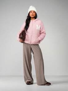 MISSGUIDED Knitted Zip Through Varsity Hoodie With Letter M Logo Applique Casual Winter Sweater For Women - Pink - View 3