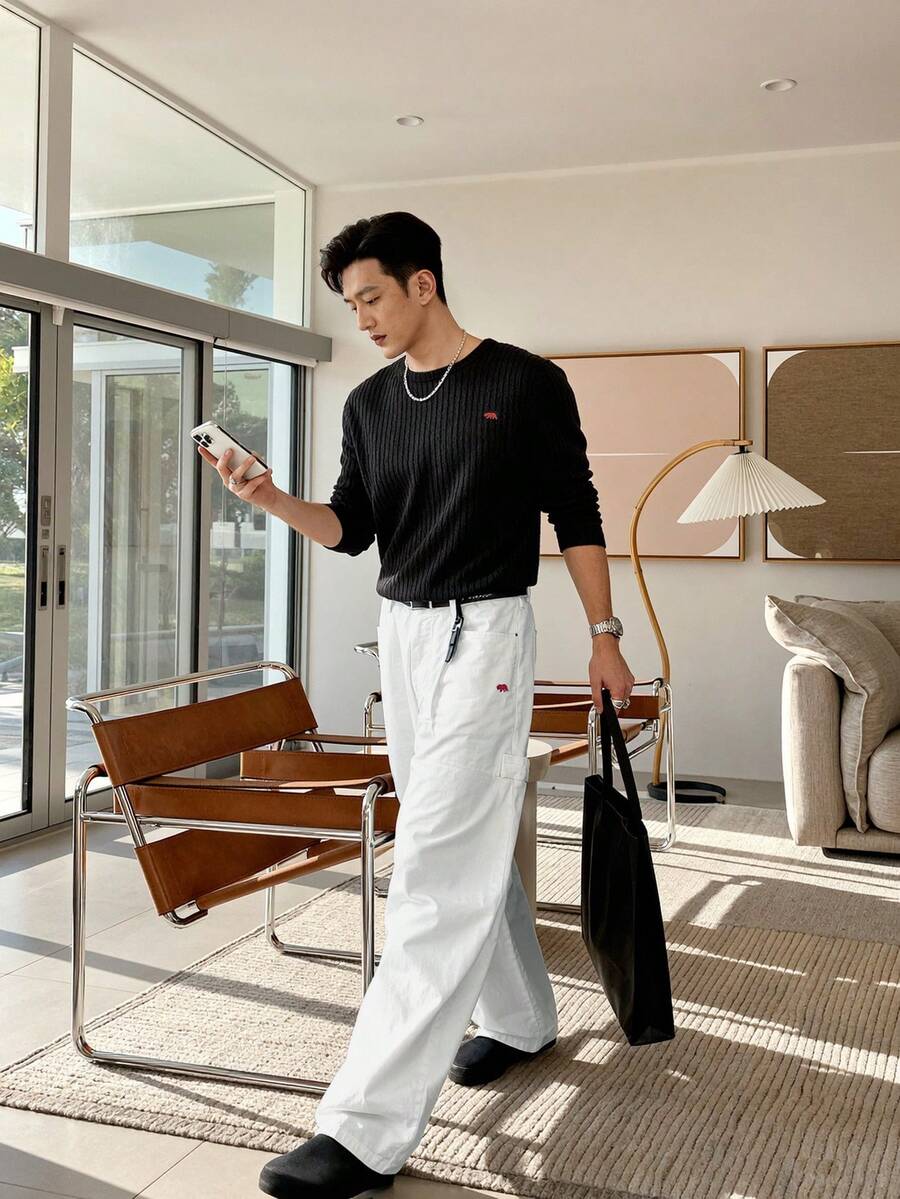 ESTAVOR 男士休闲T恤 针织纹理面料 刺绣图案 长袖圆领T恤 - 黑色 - 查看 1