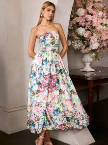 MOTF Soiréza Đầm nữ thanh lịch in hoa, có chi tiết nhún bèo ở ngực, dây đeo mảnh buộc phía sau và vạt xòe rộng, hoàn hảo cho đám cưới, tiệc tùng và các sự kiện lễ hội. - Nhiều màu - Xem 6