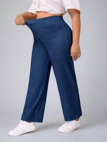 SHEIN Unity Plus Size Solid Color Stretchy Casual Straight Leg Jeans - Medium Wash - View 5