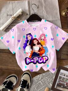 SHEIN 淡紫色卡通女孩LUMINA印花，少女休闲简约圆领短袖基础款T恤，适合春夏日常穿着、外出、校园、度假，卡通动漫女孩图案T恤，时尚新潮。 - 彩色 - 查看 3