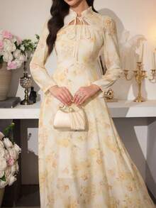 Modelyn 女士优雅系领印花连衣裙，夏季 - 黃色 - 查看 5