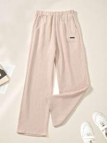 SHEIN Casuvi Kids 男童卡其色竖条纹罗纹宽松直筒裤，休闲百搭春夏新款，经典简约易搭，适合校园、都市休闲、周末聚会等场合。 - 卡其色 - 查看 6